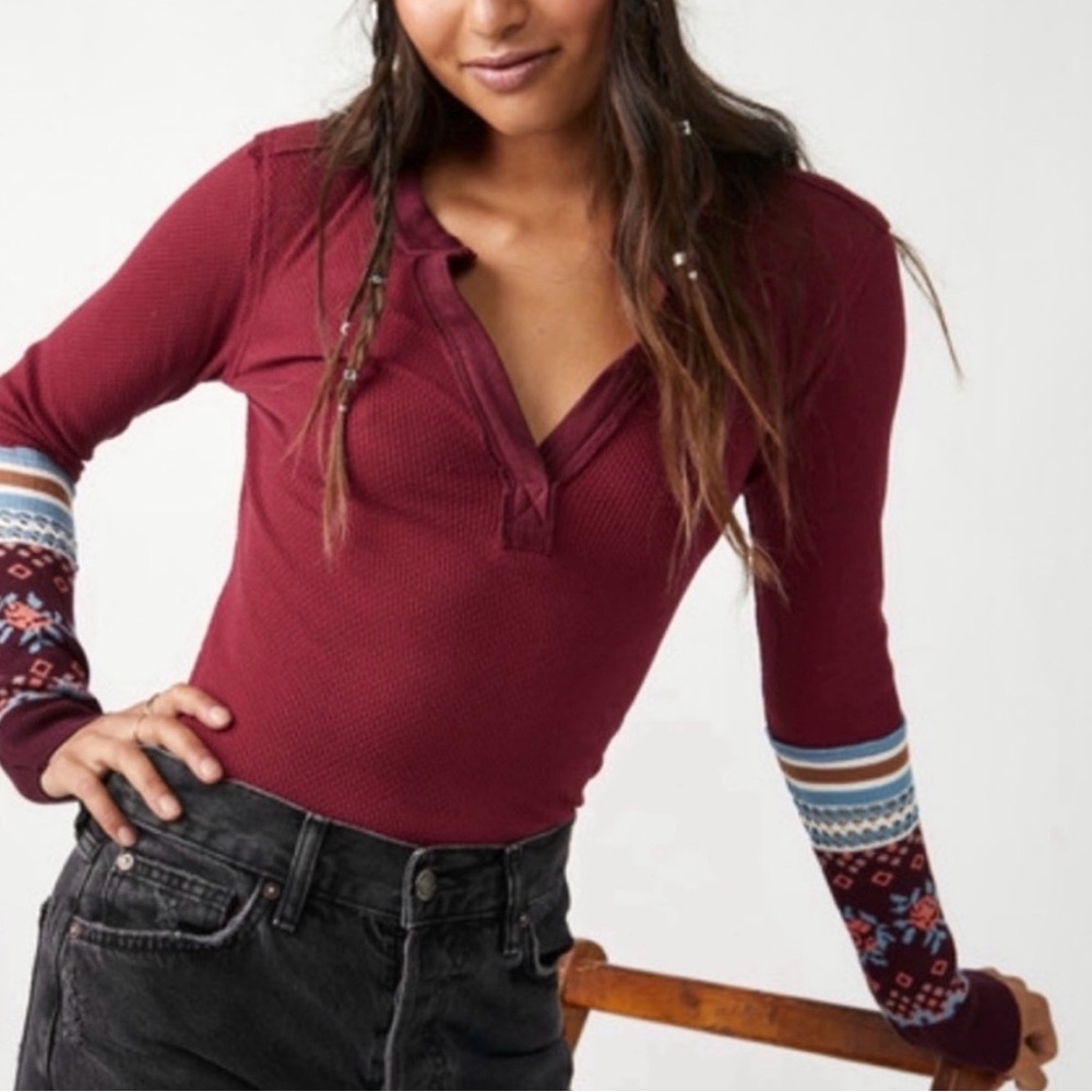 We The Free Burgundy Long Sleeve Top with Patterned Sleeves